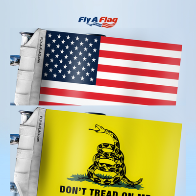 American Flag + Don't Tread On Me Flag Bundle, 12 by 18 inch double-sided flags with Velcro straps