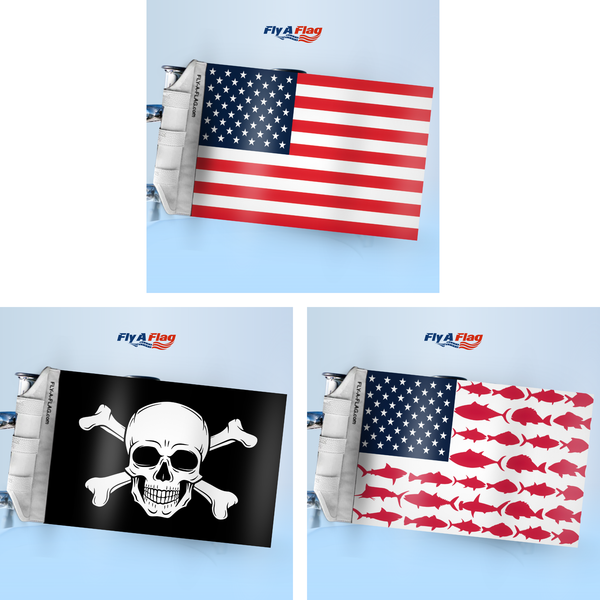 American Flag + Jolly Roger Flag + Red, White & Fish Flag Bundle