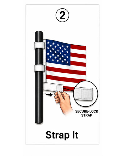Step 2, Strap It: wrapping the Velcro around the pole from one side of the flag attachment to the other